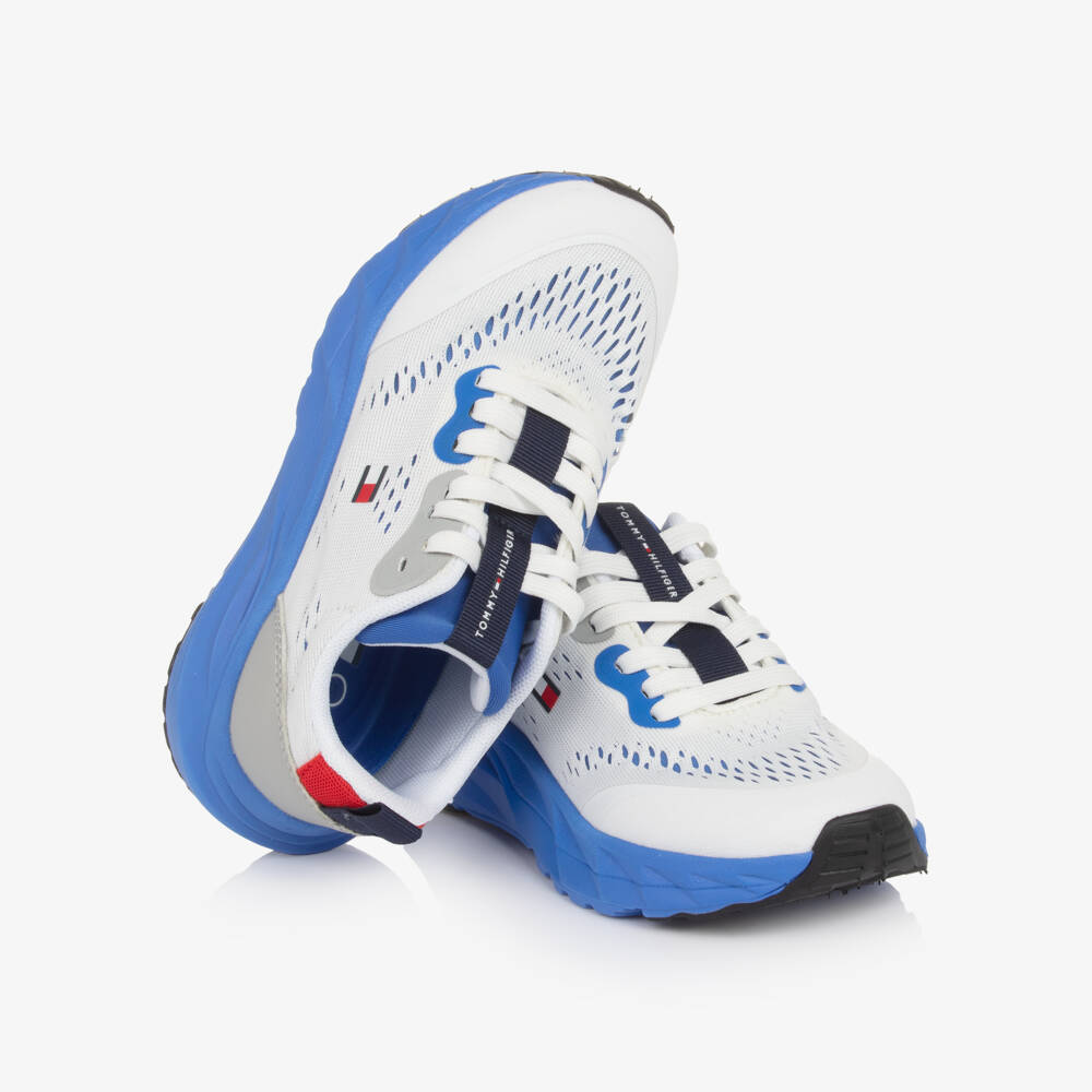 Tommy Hilfiger-Boys White & Bright Blue Lace-Up Trainers | Childrensalon Outlet