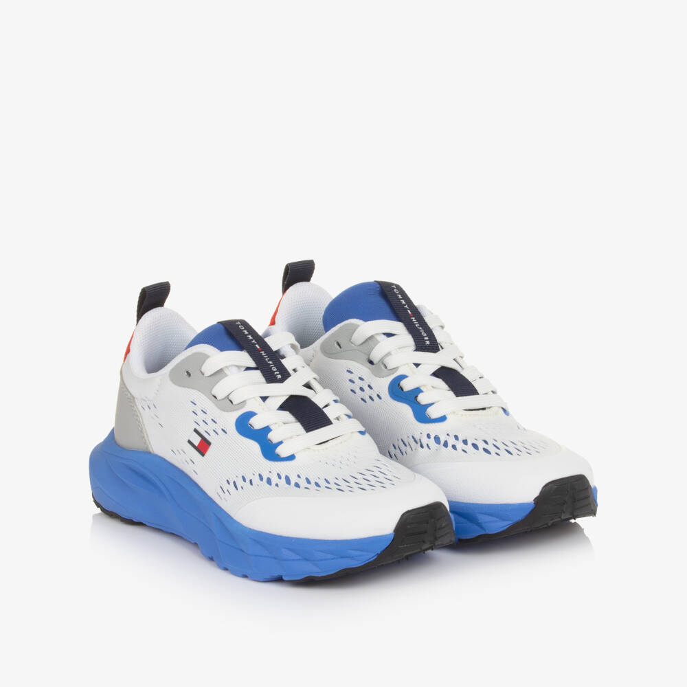 Tommy Hilfiger-Boys White & Bright Blue Lace-Up Trainers | Childrensalon Outlet
