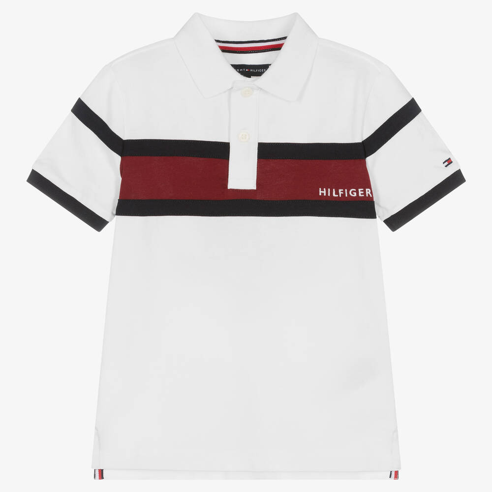 Tommy Hilfiger - Boys White Colourblock Polo Shirt | Childrensalon