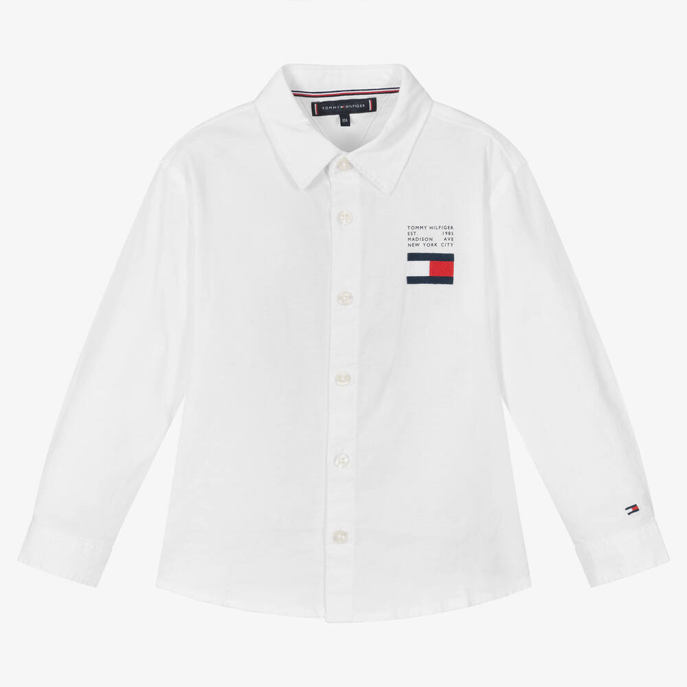 Tommy Hilfiger - Boys White Cotton Flag Logo Shirt | Childrensalon