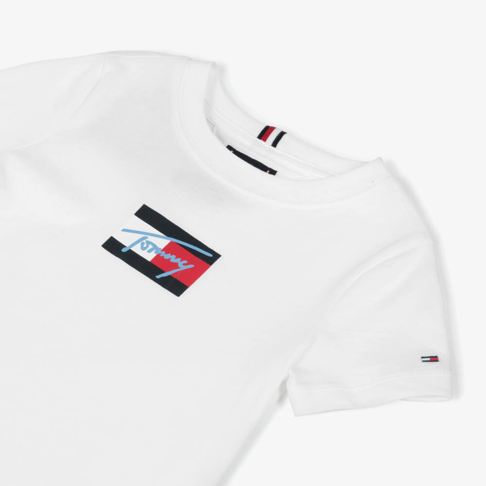 Tommy Hilfiger-Boys White Cotton Flag Logo T-Shirt | Childrensalon Outlet