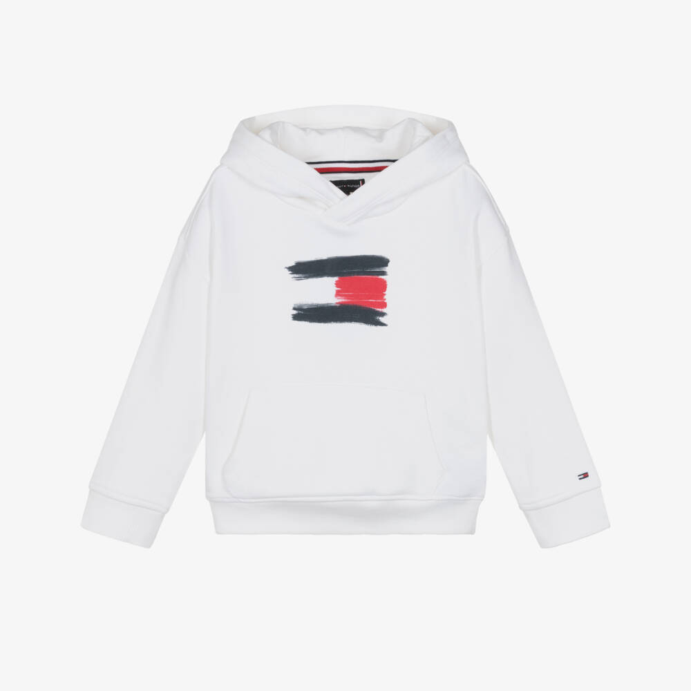 Tommy Hilfiger-Boys White Cotton Hoodie with Paint Effect Flag Logo | Childrensalon Outlet