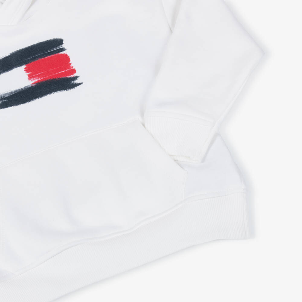 Tommy Hilfiger-Boys White Cotton Hoodie with Paint Effect Flag Logo | Childrensalon Outlet
