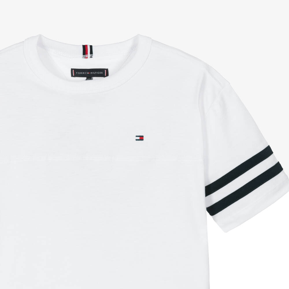 Tommy Hilfiger-Boys White Cotton Jersey T-Shirt with Navy Blue Trim | Childrensalon Outlet