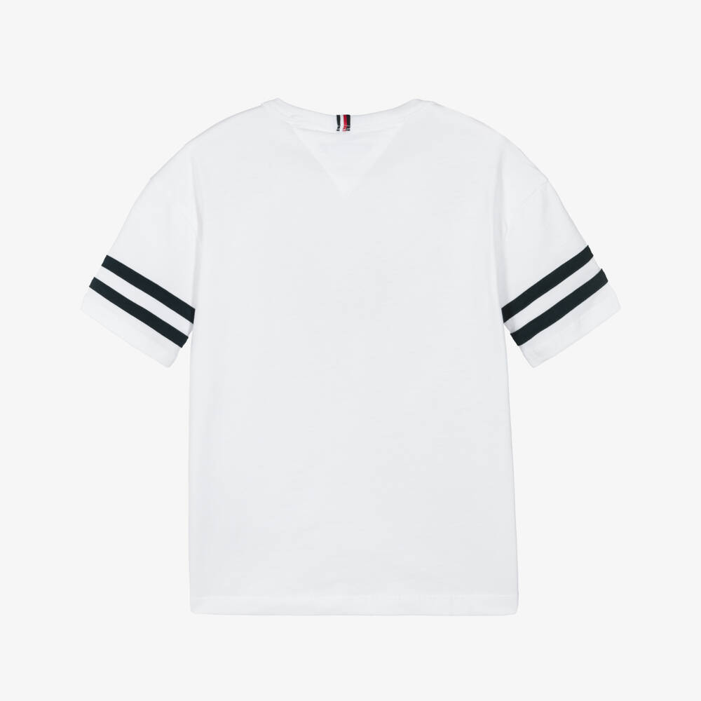Tommy Hilfiger-Boys White Cotton Jersey T-Shirt with Navy Blue Trim | Childrensalon Outlet