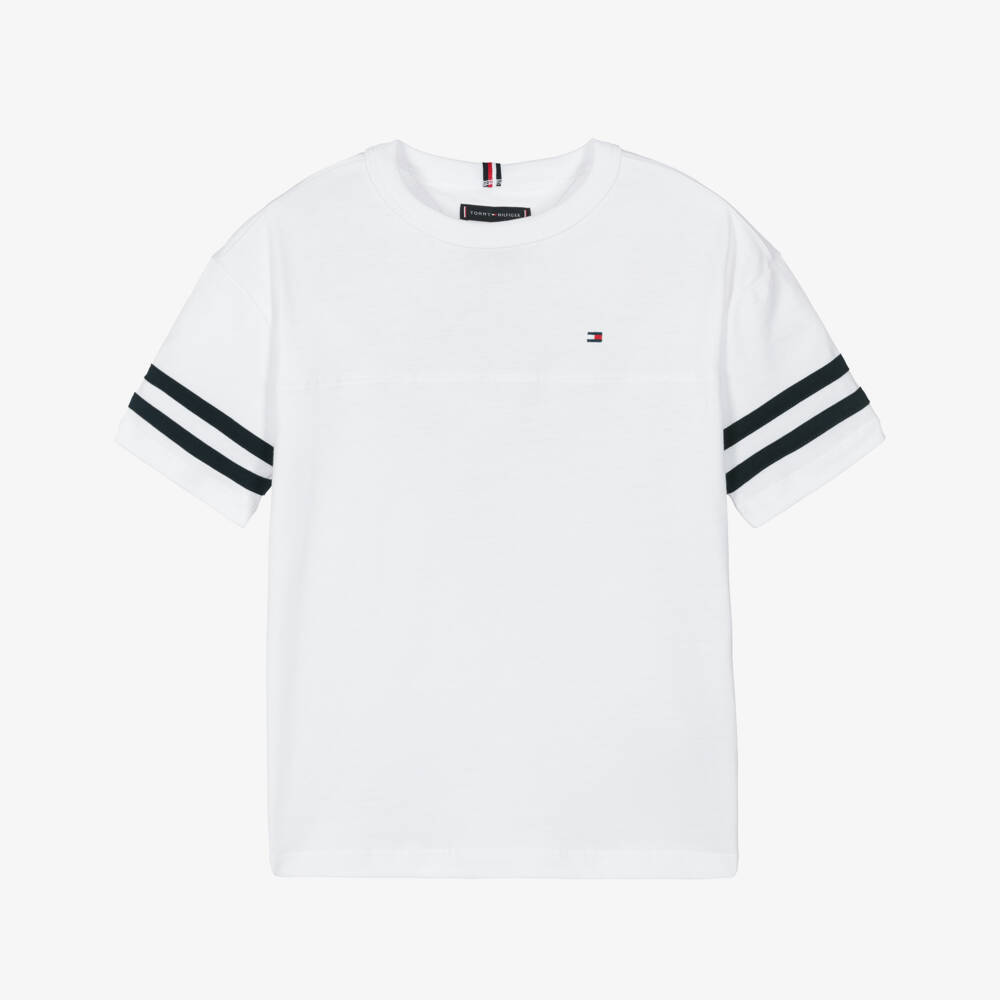 Tommy Hilfiger-Boys White Cotton Jersey T-Shirt with Navy Blue Trim | Childrensalon Outlet