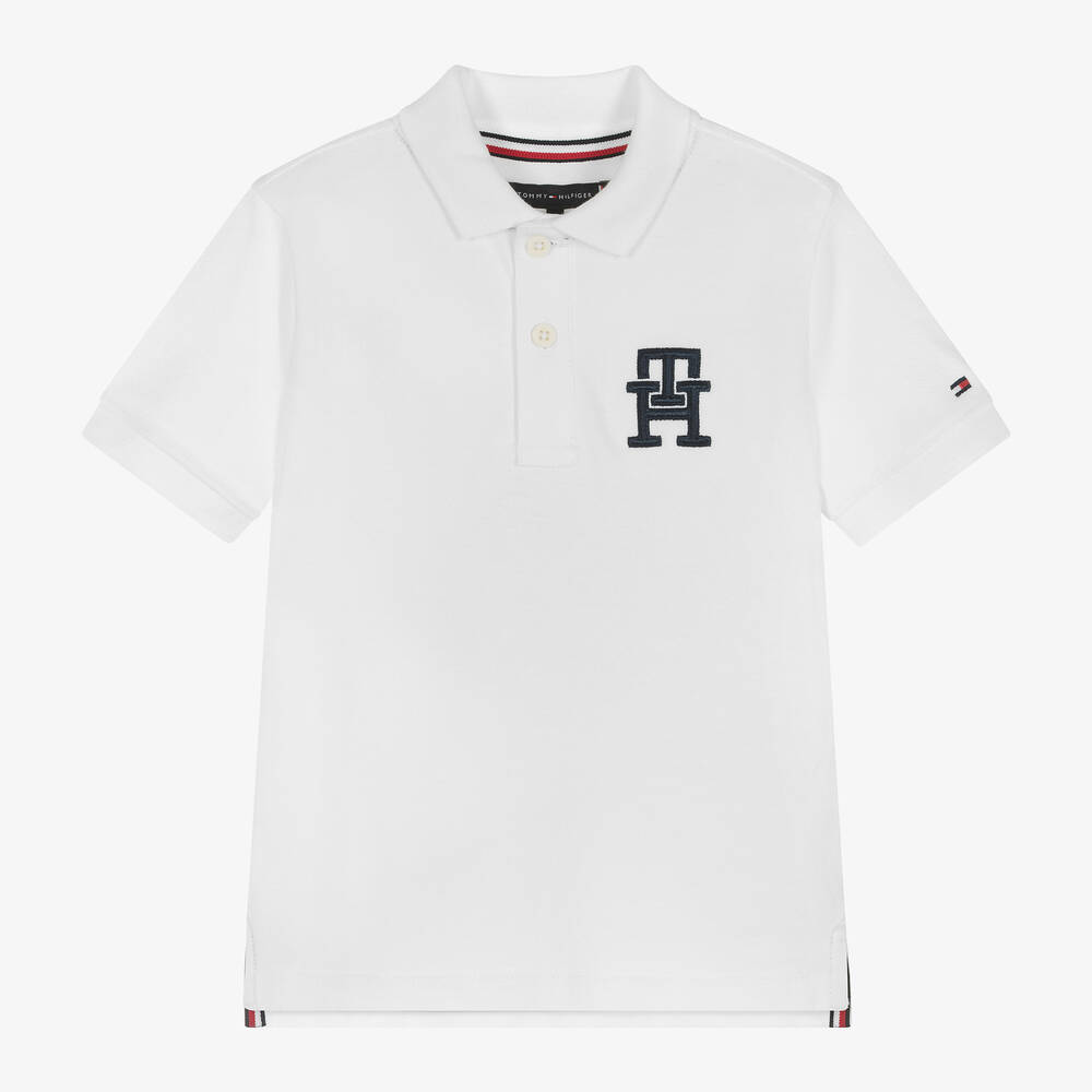 Tommy Hilfiger-Boys White Cotton Monogram Logo Polo Shirt | Childrensalon Outlet