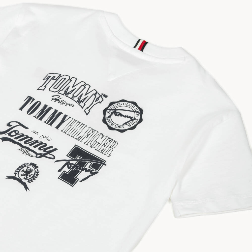 Tommy Hilfiger-Boys White Cotton Multi Logo T-Shirt | Childrensalon Outlet