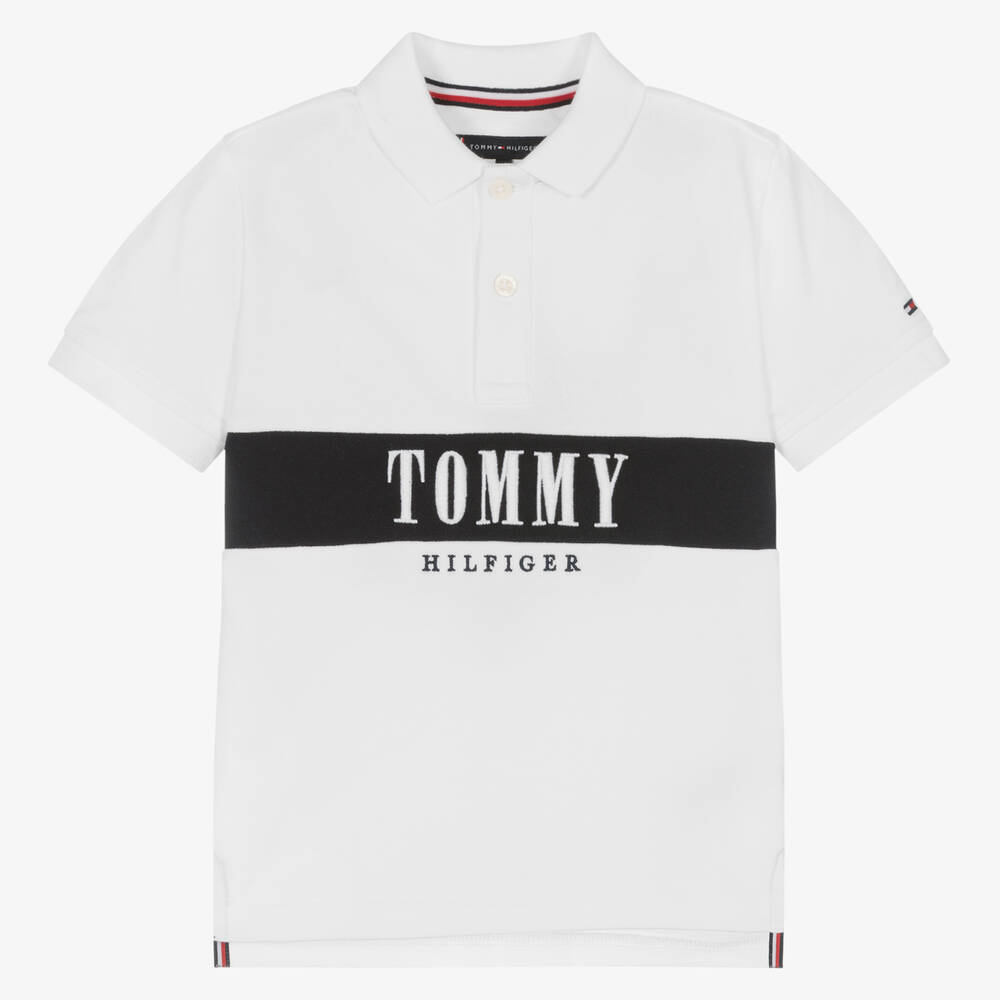 Tommy Hilfiger - توب بولو قطن بيكيه لون أبيض للأولاد | Childrensalon