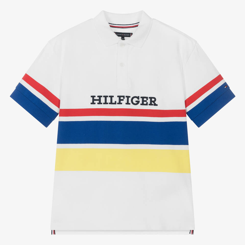 Tommy Hilfiger-Boys White Cotton Stripe Polo Shirt | Childrensalon Outlet