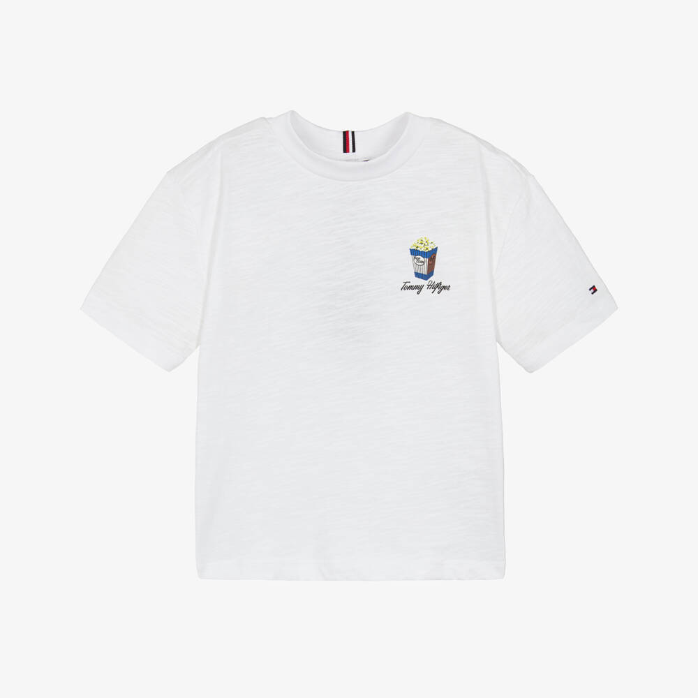 Tommy Hilfiger-Boys White Cotton T-Shirt with Popcorn Motif | Childrensalon Outlet