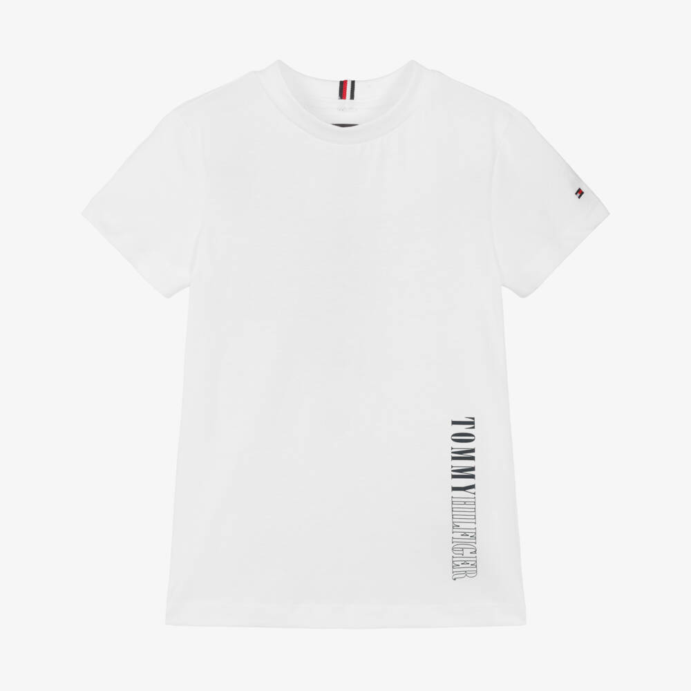 Tommy Hilfiger-Boys White Cotton T-Shirt with Vertical Logo Print | Childrensalon Outlet