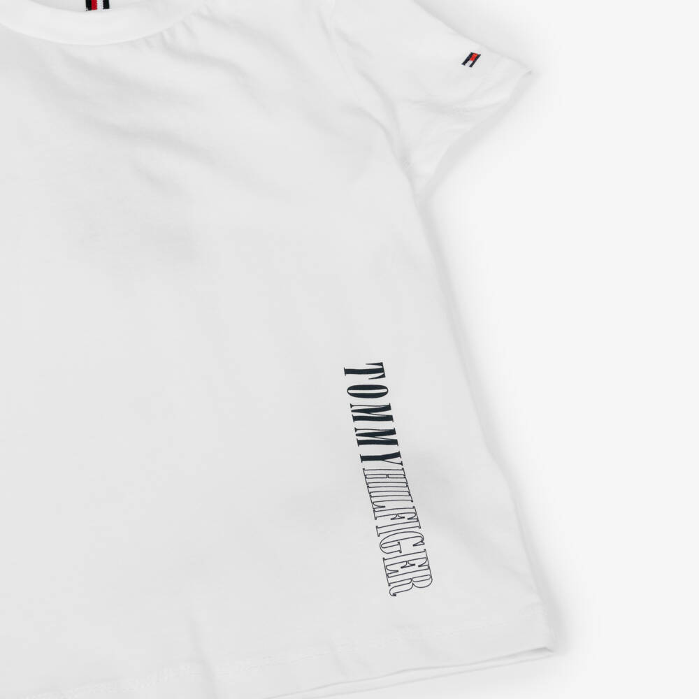 Tommy Hilfiger-Boys White Cotton T-Shirt with Vertical Logo Print | Childrensalon Outlet