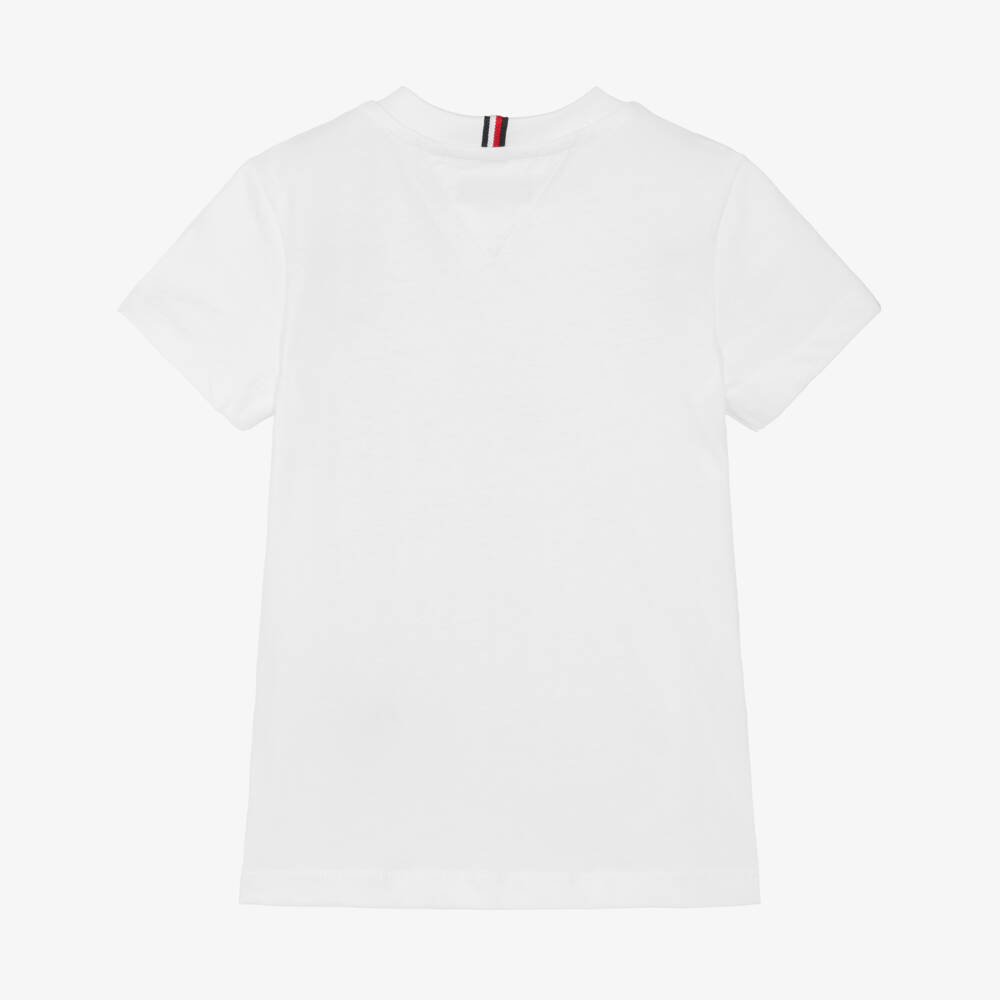 Tommy Hilfiger-Boys White Cotton T-Shirt with Vertical Logo Print | Childrensalon Outlet