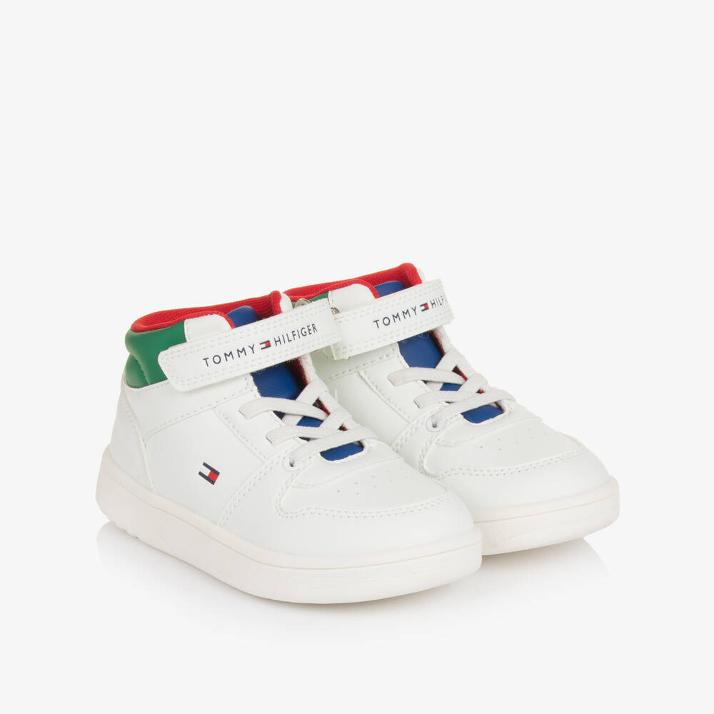 Tommy Hilfiger-Boys White Faux Leather Colourblock High-Top Trainers | Childrensalon Outlet