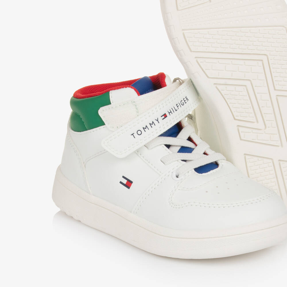 Tommy Hilfiger-Boys White Faux Leather Colourblock High-Top Trainers | Childrensalon Outlet