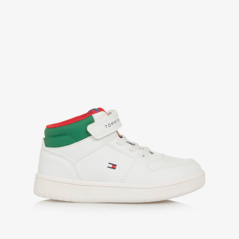 Tommy Hilfiger-Boys White Faux Leather Colourblock High-Top Trainers | Childrensalon Outlet