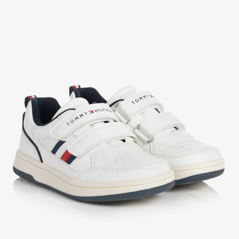 Tommy Hilfiger - Boys White Faux Leather Velcro Trainers | Childrensalon