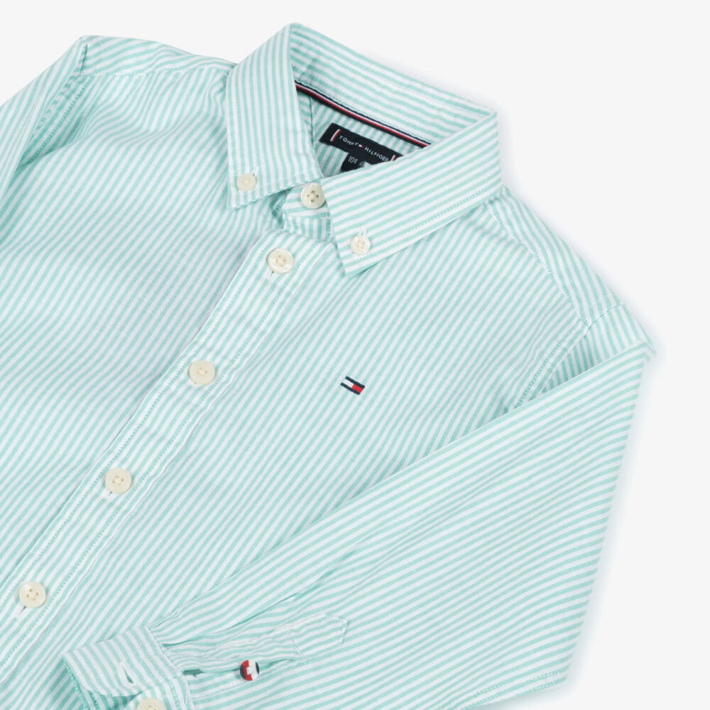 Tommy Hilfiger-Boys White & Green Stripe Cotton Shirt | Childrensalon Outlet