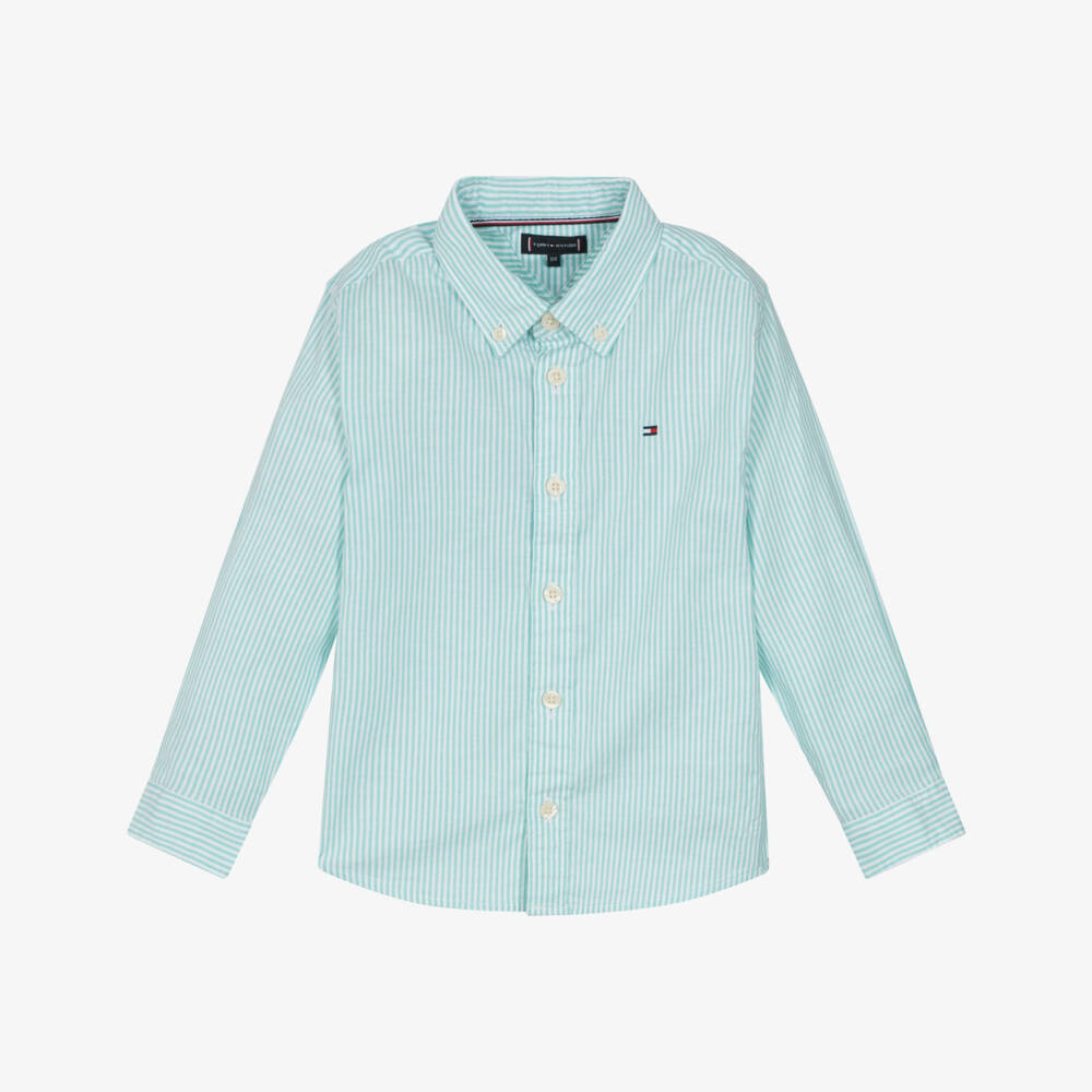 Tommy Hilfiger-Boys White & Green Stripe Cotton Shirt | Childrensalon Outlet