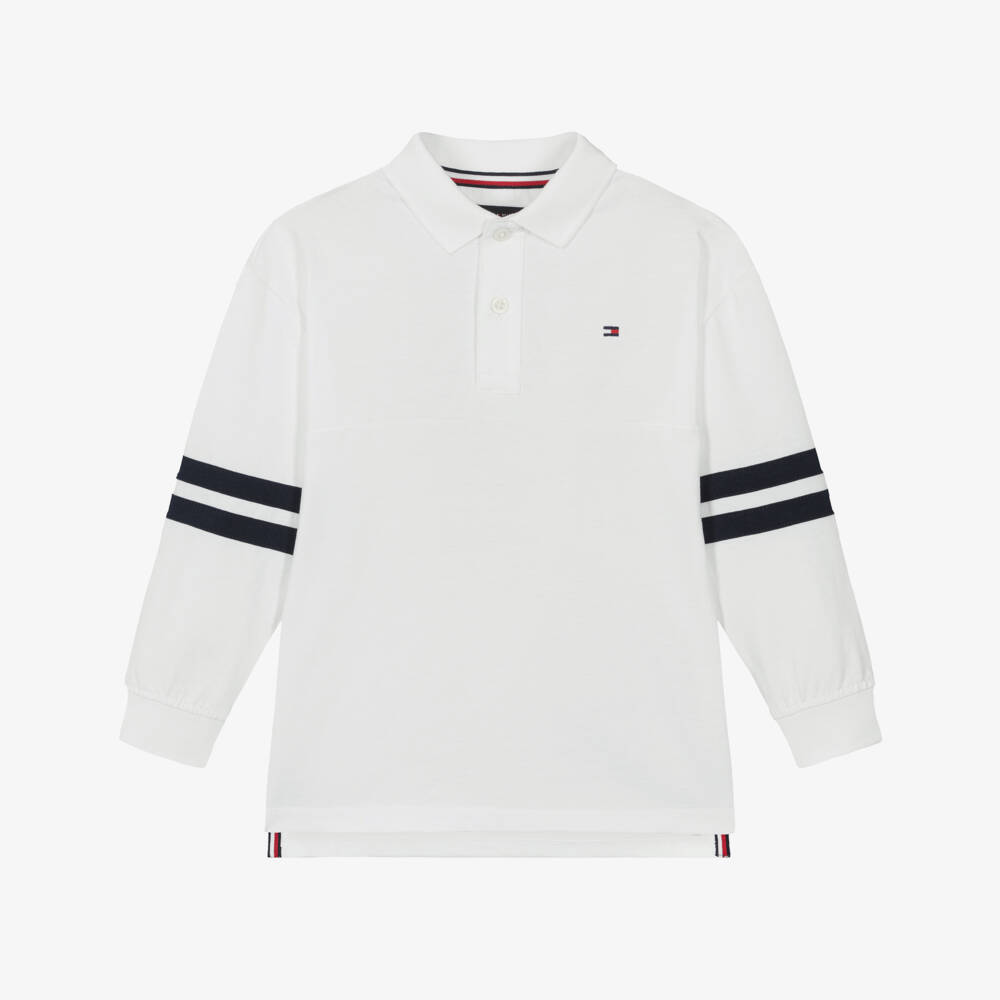 Tommy Hilfiger-Boys White Jersey Polo Shirt with Stripes | Childrensalon Outlet