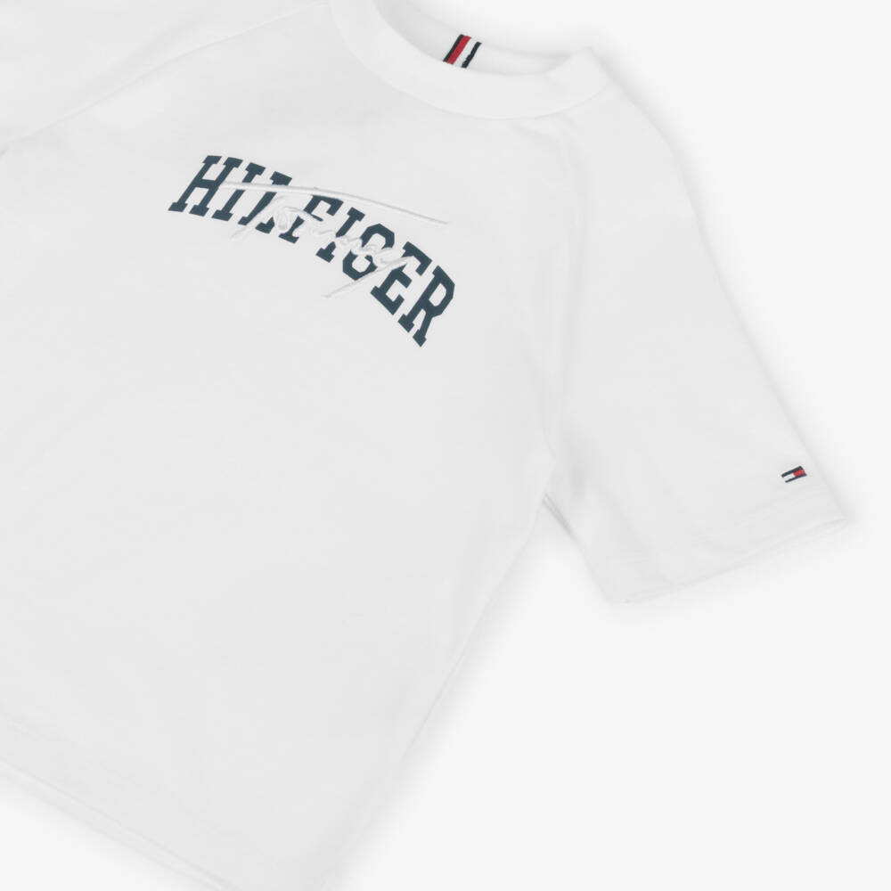 Tommy Hilfiger-Boys White Mixed Logo Raglan Sleeve Cotton T-Shirt | Childrensalon Outlet