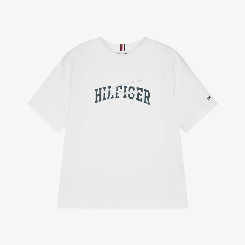 Tommy Hilfiger-Boys White Mixed Logo Raglan Sleeve Cotton T-Shirt | Childrensalon Outlet