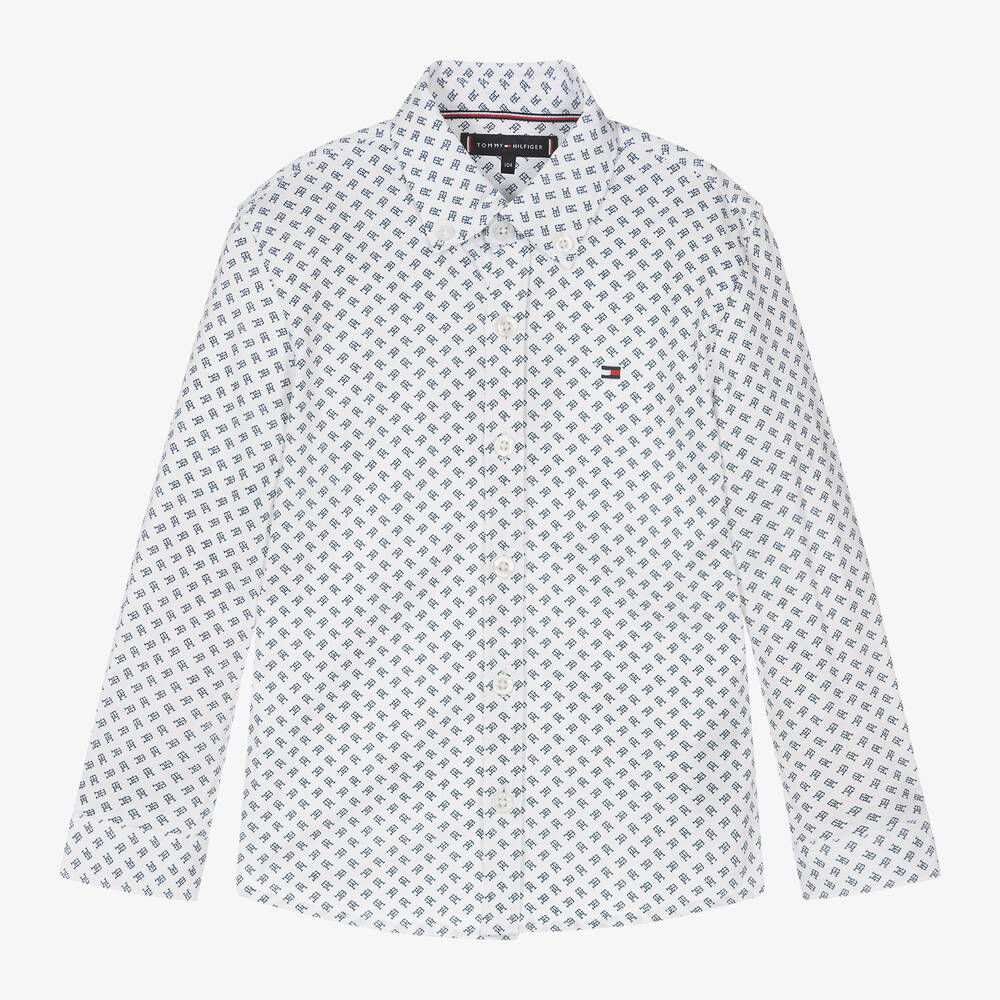 Tommy Hilfiger-Boys White Monogram Print Cotton Shirt | Childrensalon Outlet