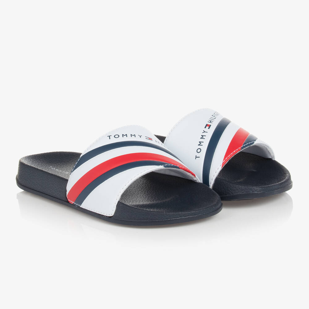 Tommy Hilfiger - Boys White & Navy Blue Sliders | Childrensalon