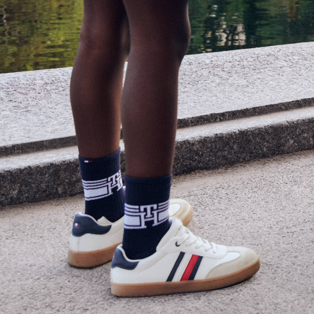 Tommy Hilfiger-Boys White & Navy Knit Socks | Childrensalon Outlet