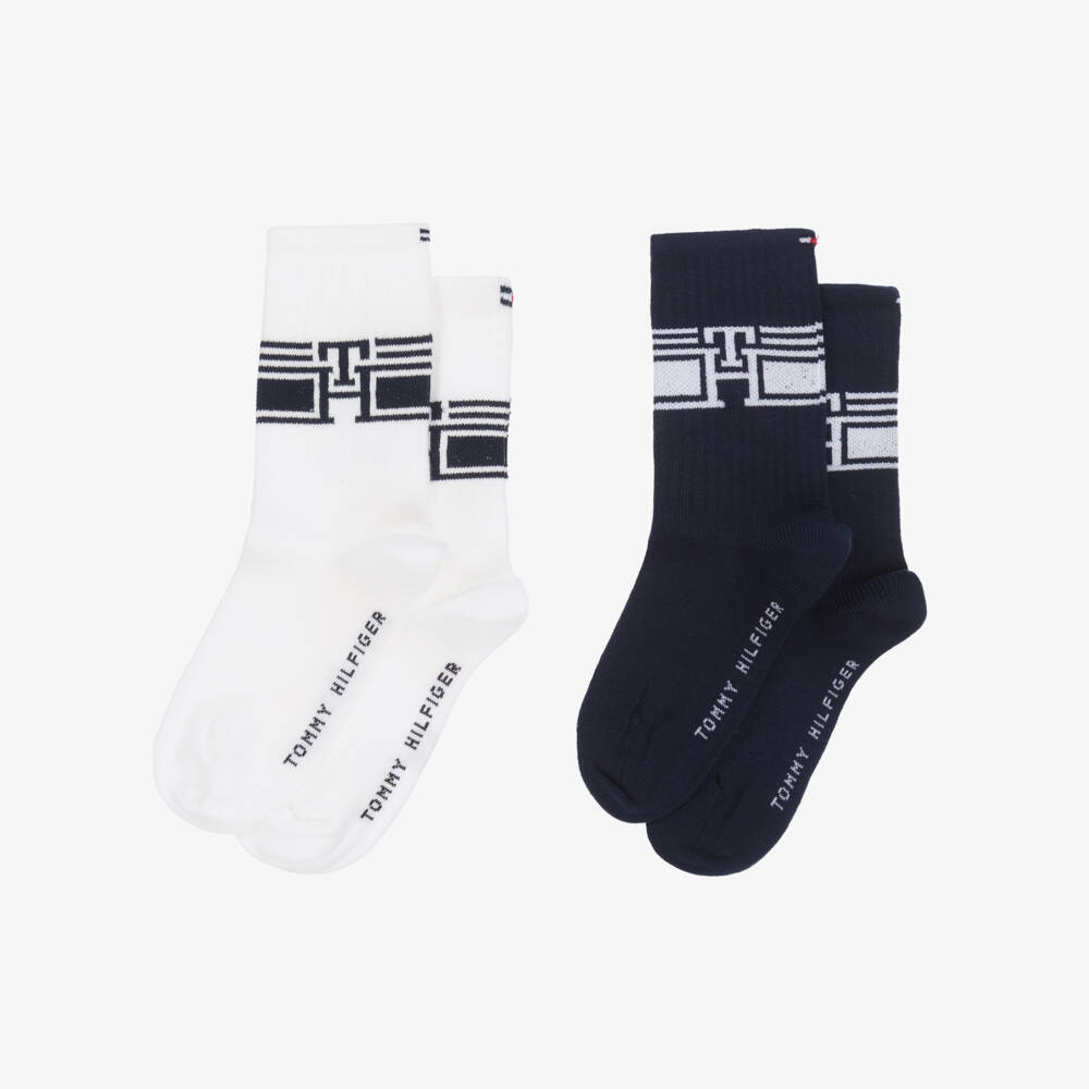 Tommy Hilfiger-Boys White & Navy Knit Socks | Childrensalon Outlet