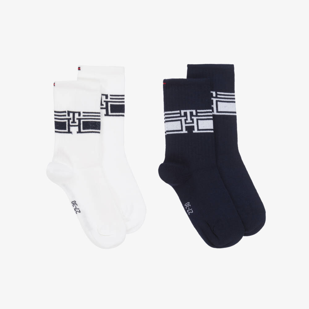 Tommy Hilfiger-Boys White & Navy Knit Socks | Childrensalon Outlet