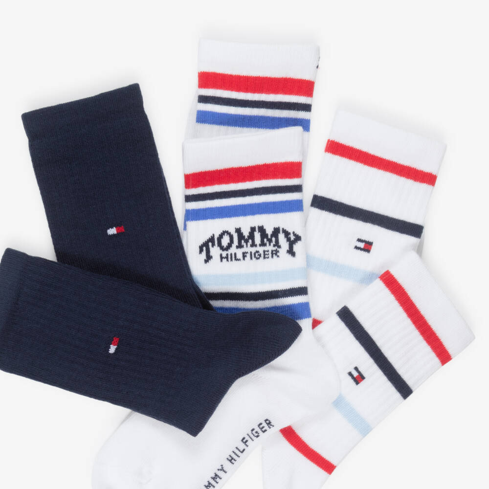 Tommy Hilfiger-Boys White Striped & Navy Blue Ankle Socks (3 Pack) | Childrensalon Outlet