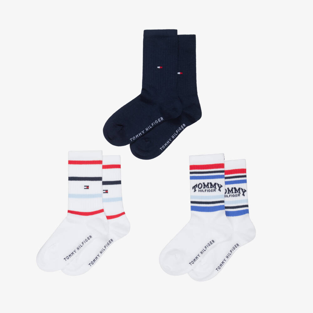 Tommy Hilfiger-Boys White Striped & Navy Blue Ankle Socks (3 Pack) | Childrensalon Outlet