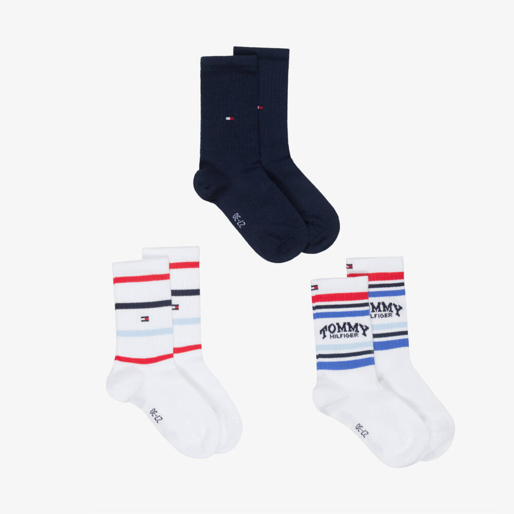 Tommy Hilfiger-Boys White Striped & Navy Blue Ankle Socks (3 Pack) | Childrensalon Outlet