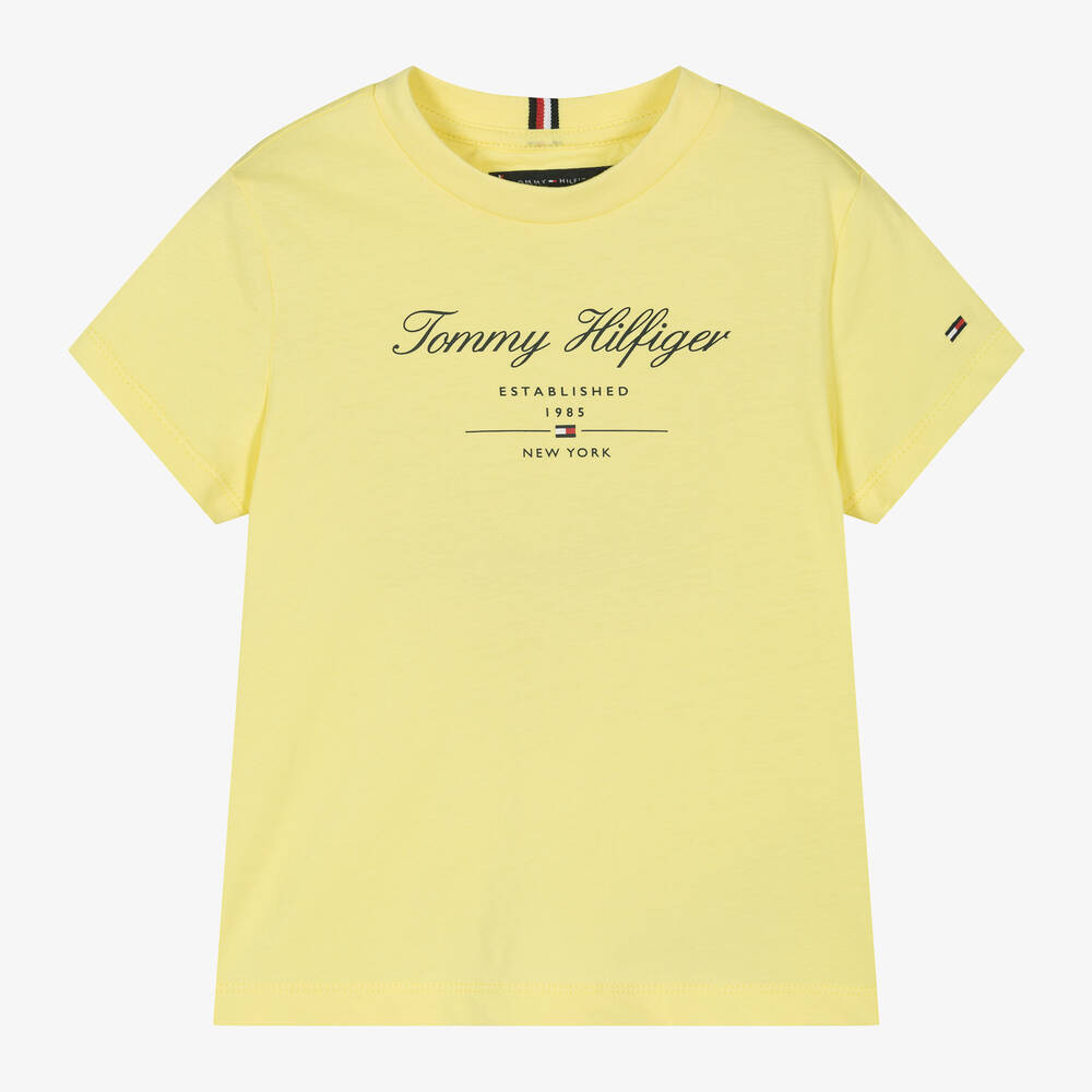 Tommy Hilfiger-Boys Yellow Cotton Script T-Shirt | Childrensalon Outlet