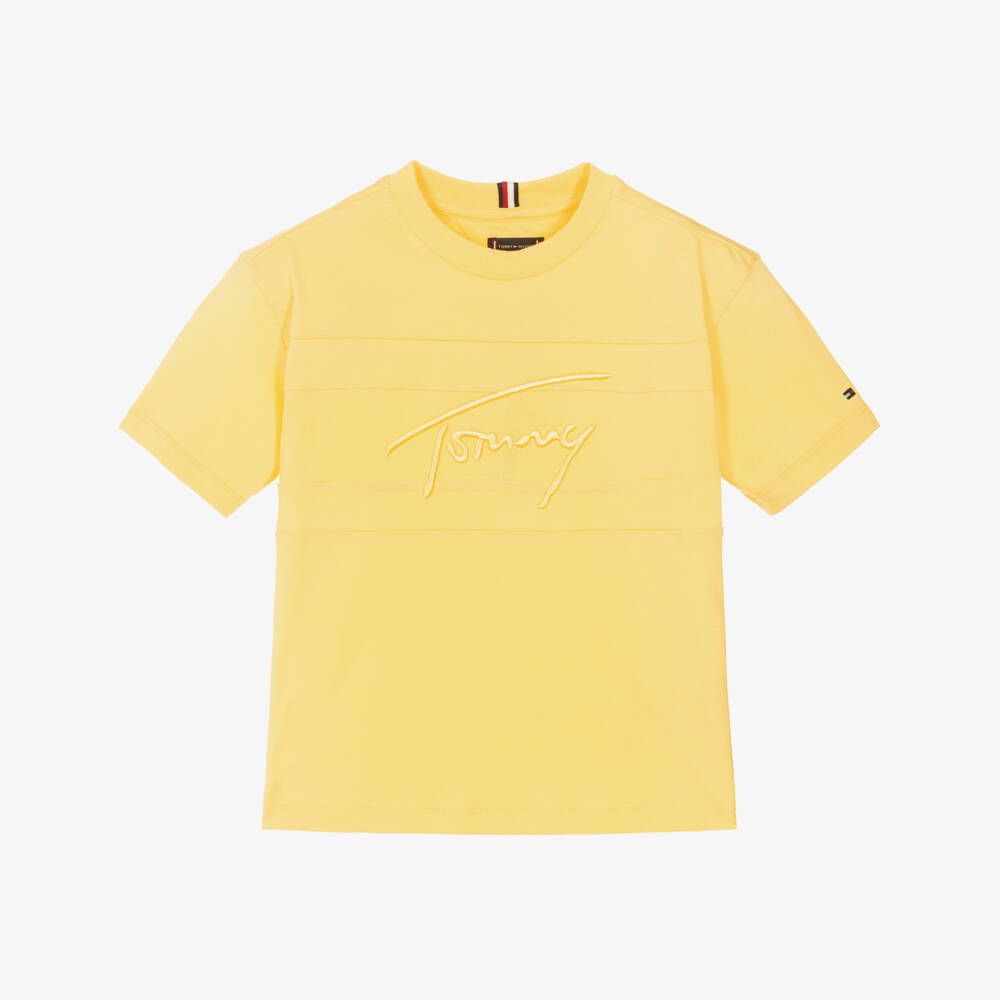 Tommy Hilfiger-Boys Yellow Cotton T-Shirt with Tonal Logo Embroidery | Childrensalon Outlet