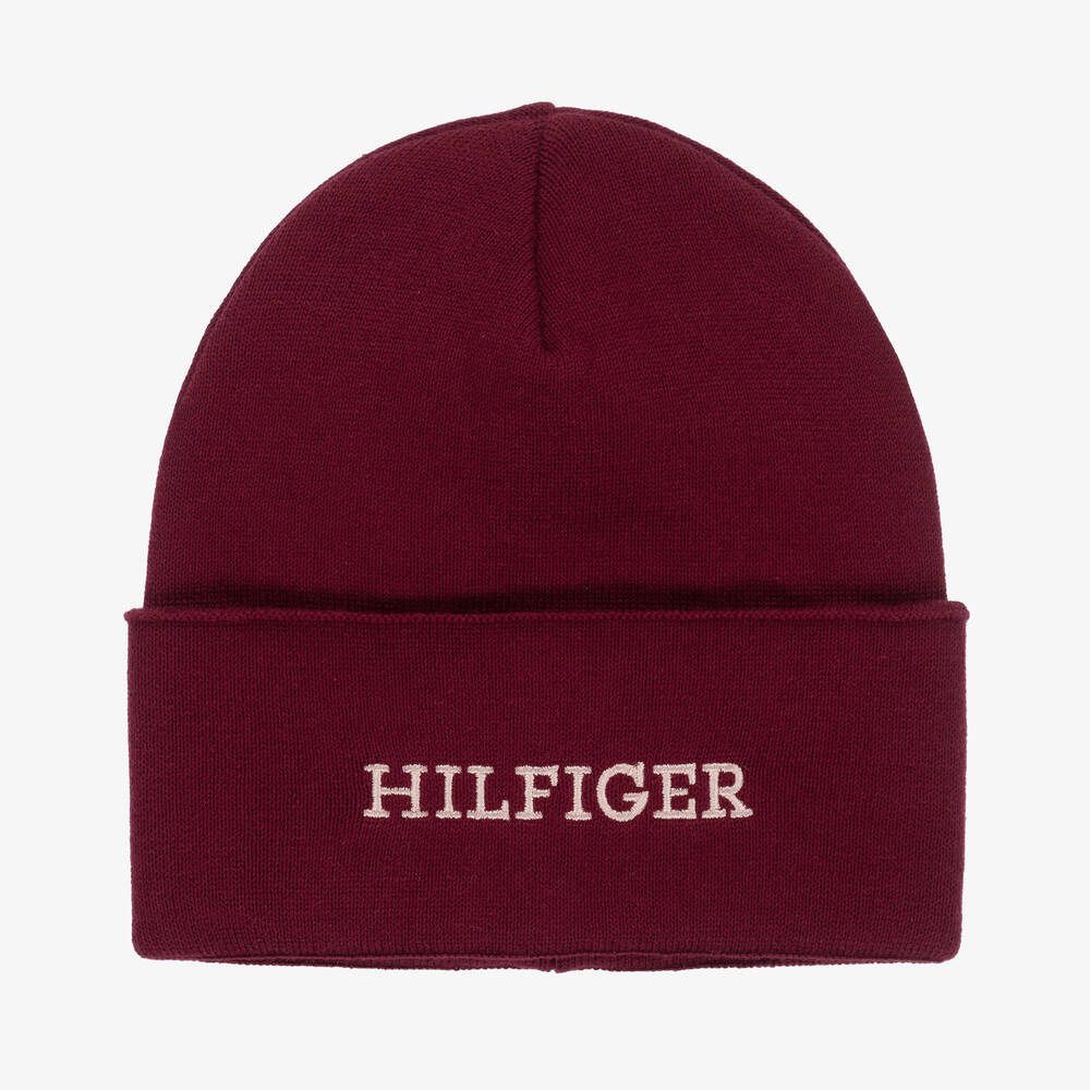 Tommy Hilfiger - قبعة بيني قطن محبوك لون أحمر برغندي | Childrensalon