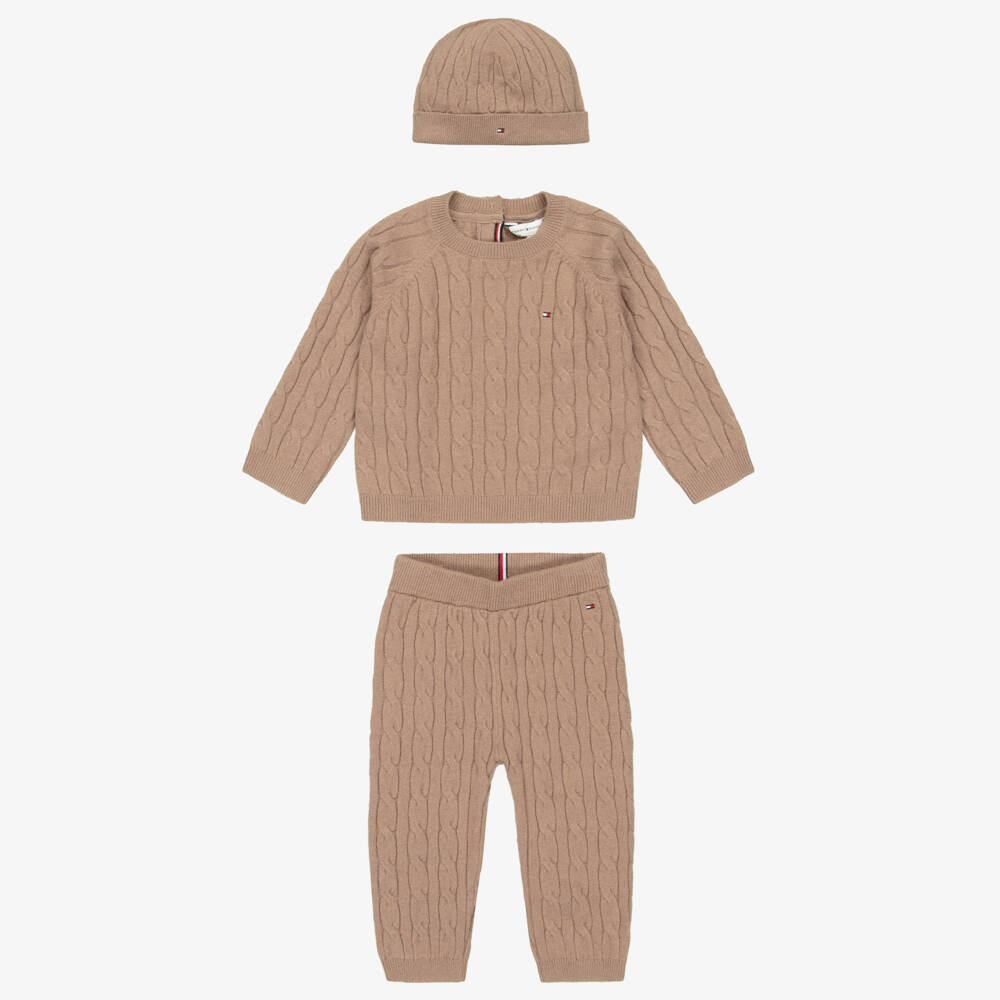 Tommy Hilfiger-Dark Beige Knitted Baby Trouser Set | Childrensalon Outlet