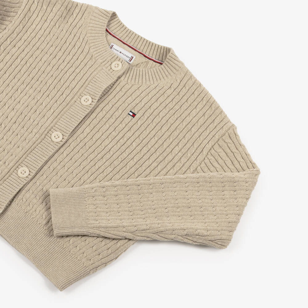 Tommy Hilfiger-Girls Beige Cable Knit Cardigan with Flag Embroidery | Childrensalon Outlet