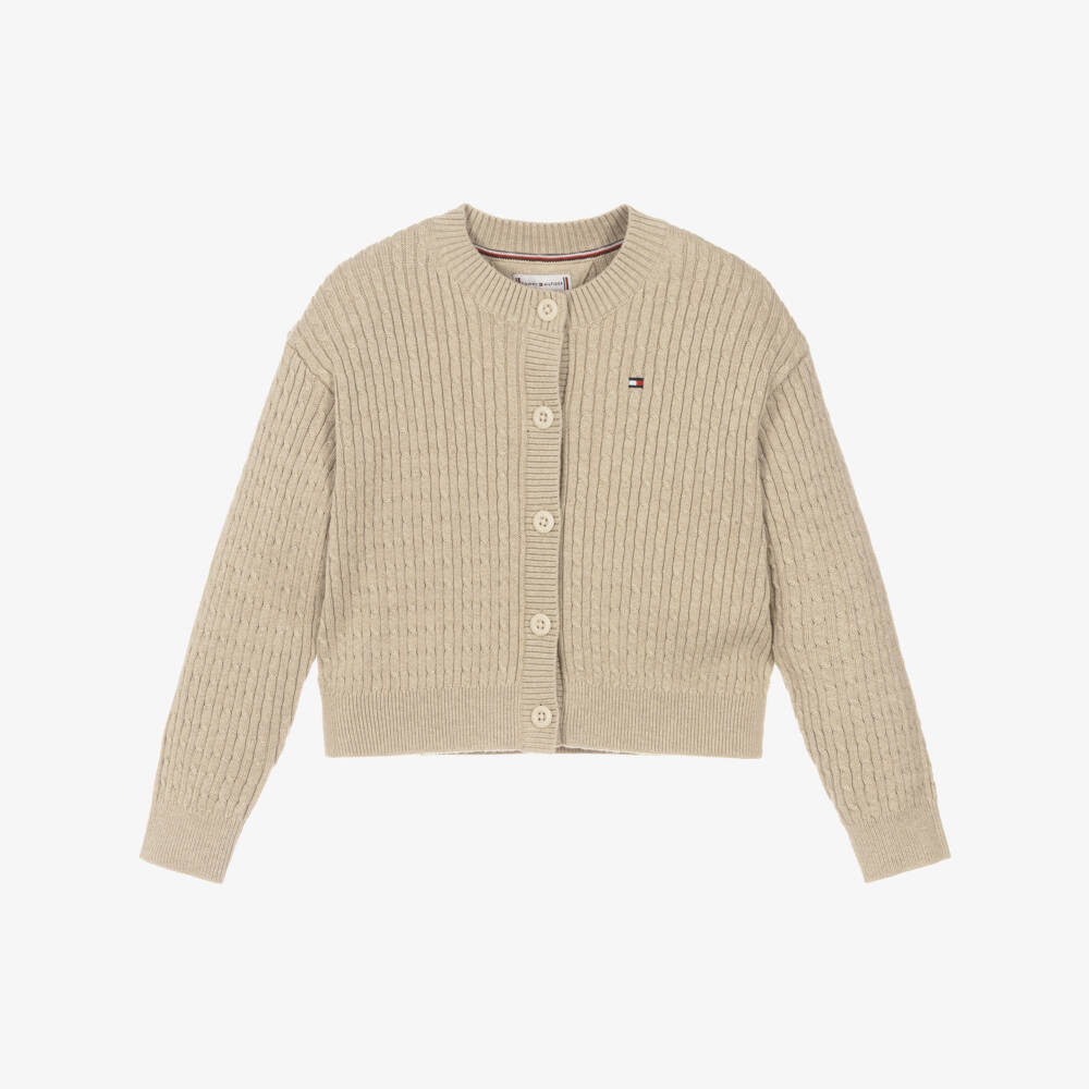 Tommy Hilfiger-Girls Beige Cable Knit Cardigan with Flag Embroidery | Childrensalon Outlet