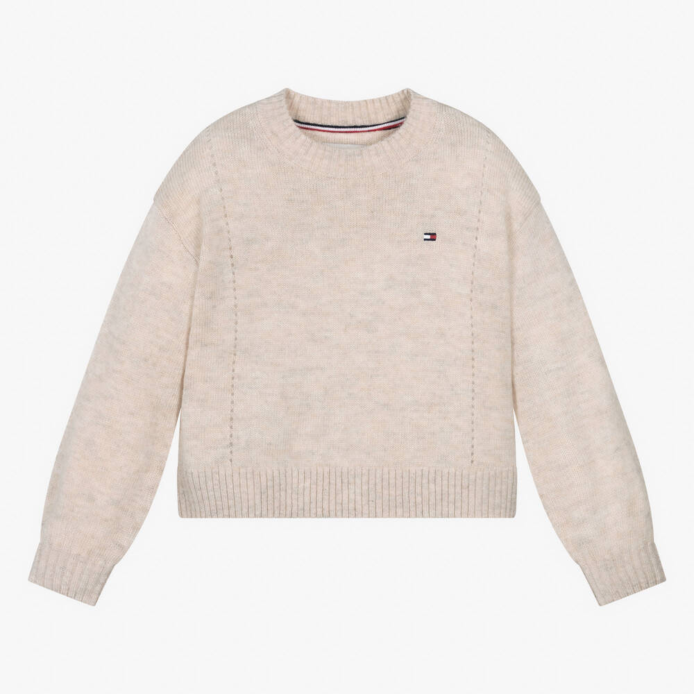Tommy Hilfiger - Girls Beige Embroidered Wool Sweater | Childrensalon