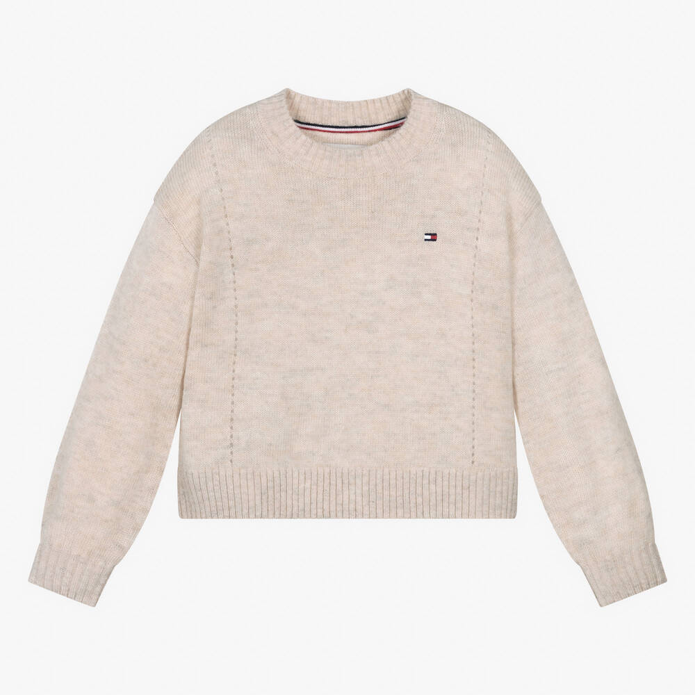 Girls Beige Embroidered Wool Sweater
