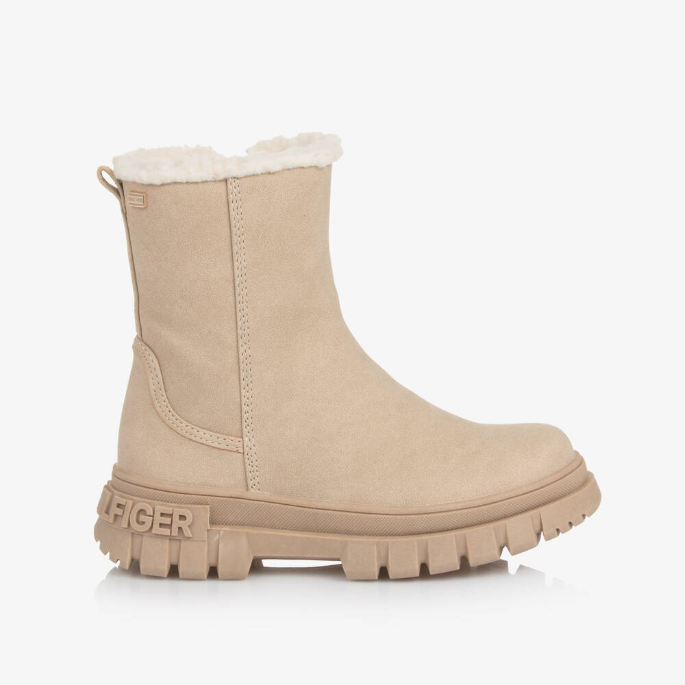 Tommy Hilfiger-Girls Beige Faux Leather Boots with Chunky Soles | Childrensalon Outlet