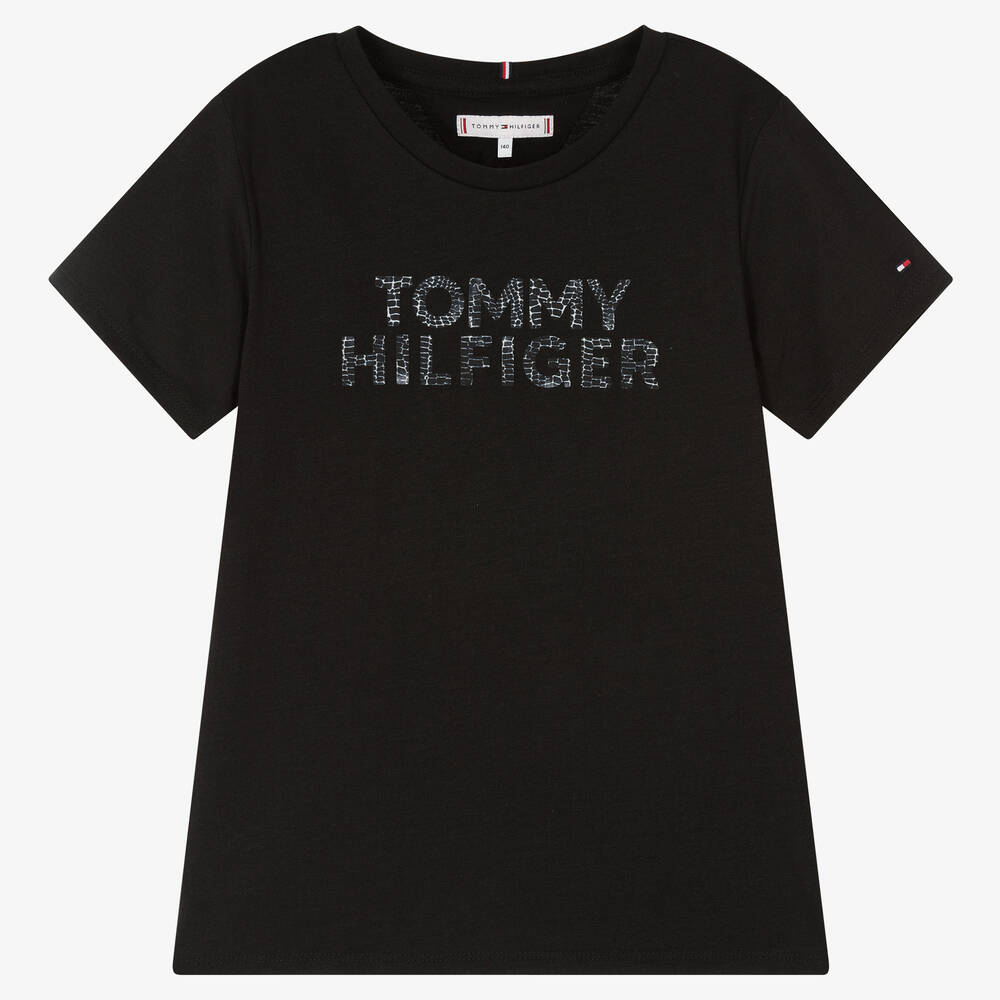 Tommy Hilfiger - Girls Black Cotton Logo T-Shirt | Childrensalon