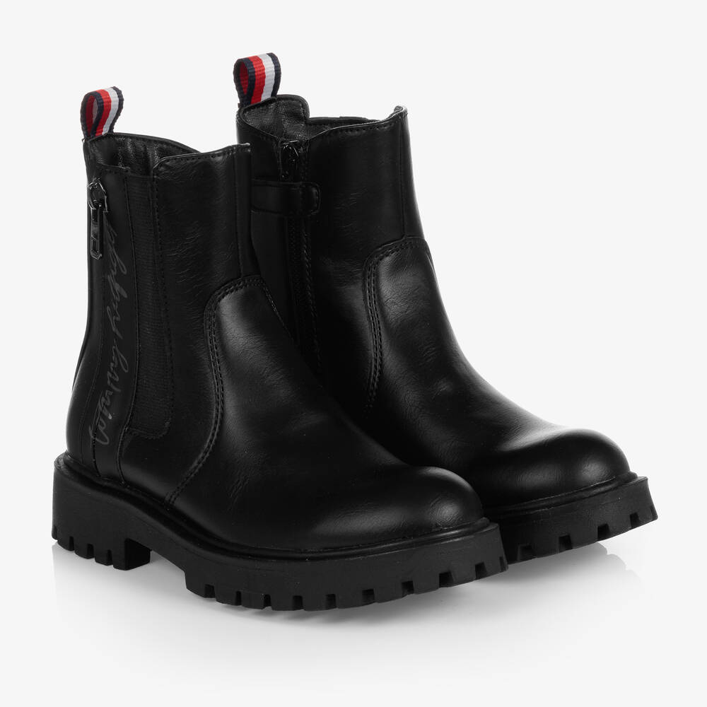 Tommy Hilfiger - Girls Black Faux Leather Boots | Childrensalon