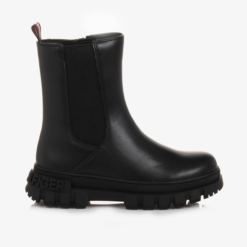 Tommy Hilfiger-Girls Black Faux Leather Chelsea Boots  | Childrensalon Outlet