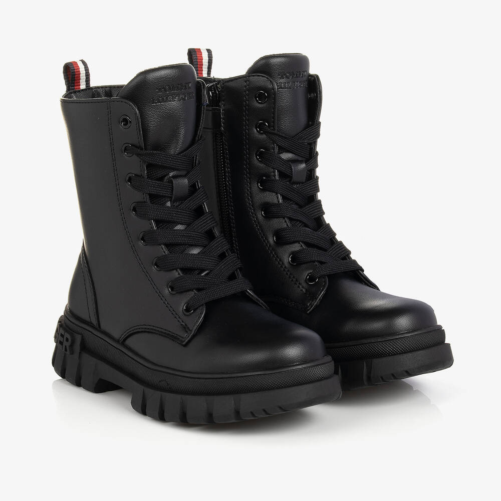 Tommy Hilfiger - Girls Black Faux Leather Lace-up Boots | Childrensalon