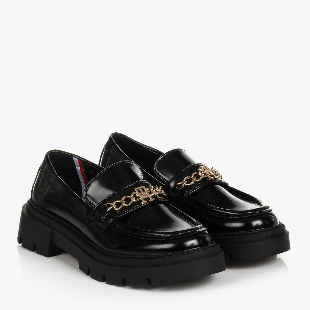 Tommy Hilfiger - Girls Black Faux Leather Loafers | Childrensalon