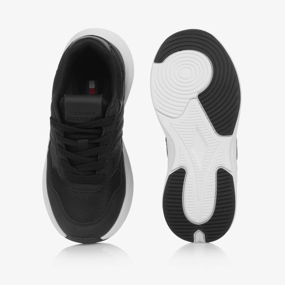 Tommy Hilfiger-Girls Black Faux Leather & Mesh Lace-up Trainers | Childrensalon Outlet
